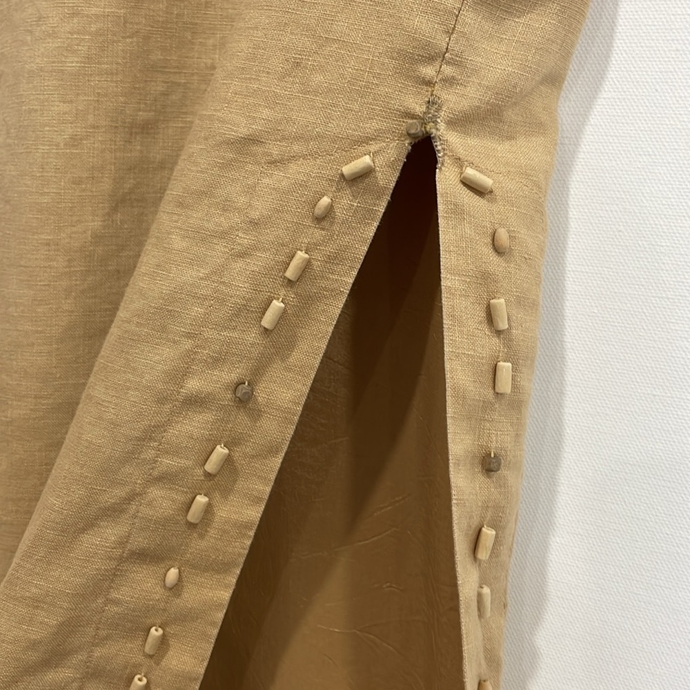 Cavita 100% Linen Beaded Seashell Maxi Skirt Size 18 Khaki Tan A-Line Side Slit - Picture 4 of 14